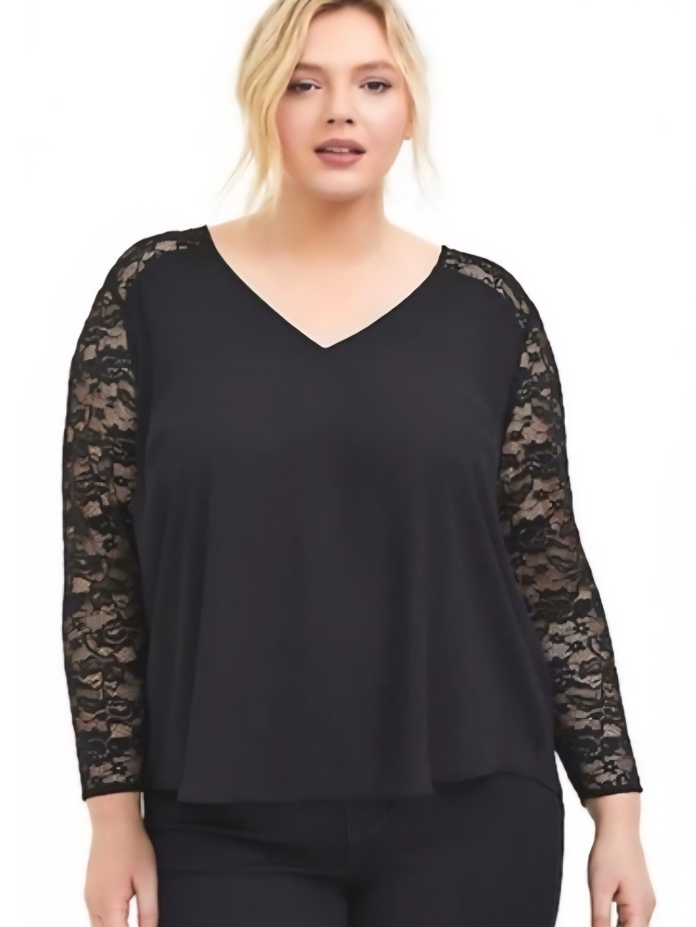 torrid Black V-Neck Top with Lace Accents